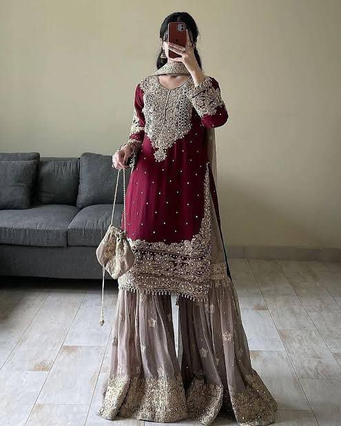 Alizeh Chiffon Bridal Suit-Maroon-Chiffon-Gharara-Aarasta
