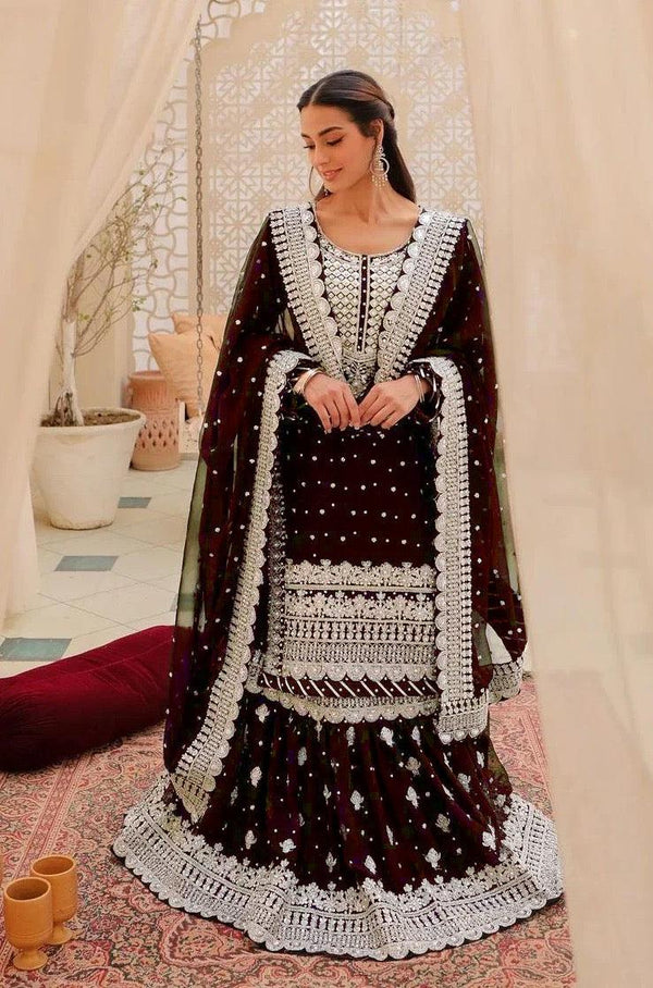 Asim Jofa Chiffon Bridal Suit-Maroon-Chiffon-Lehenga-Aarasta