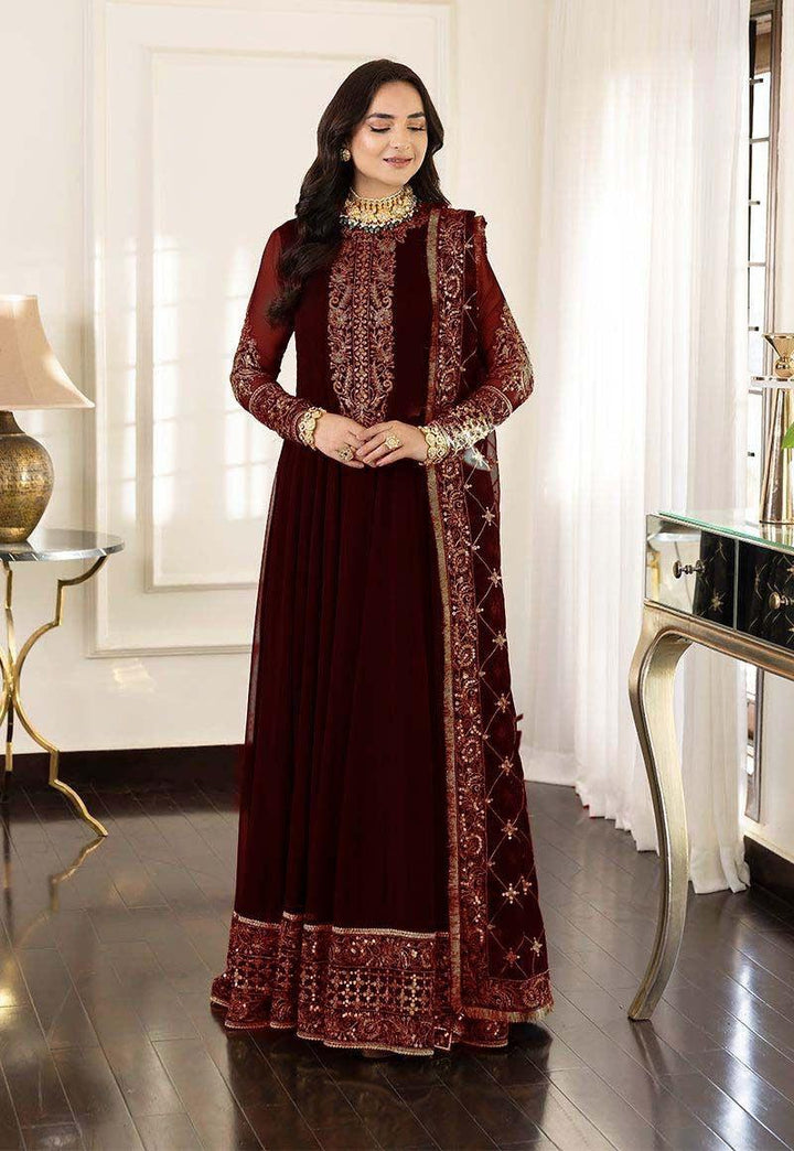 Asim Jofa Chiffon Frock-Maroon-Chiffon-Maxi-Aarasta