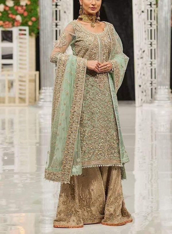 Ayesha Imran Net Bridal Suit-Ferozi-Net-Gharara-Aarasta