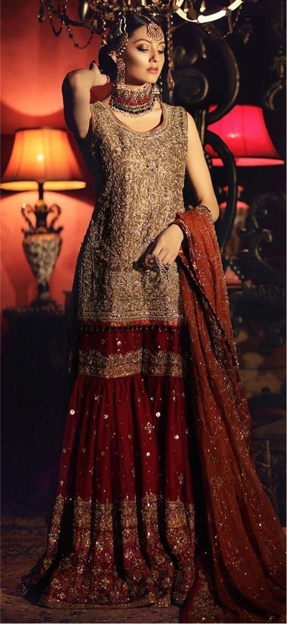 Ayesha Imran Chiffon Bridal Suit-Maroon-Chiffon-Lehenga-Aarasta
