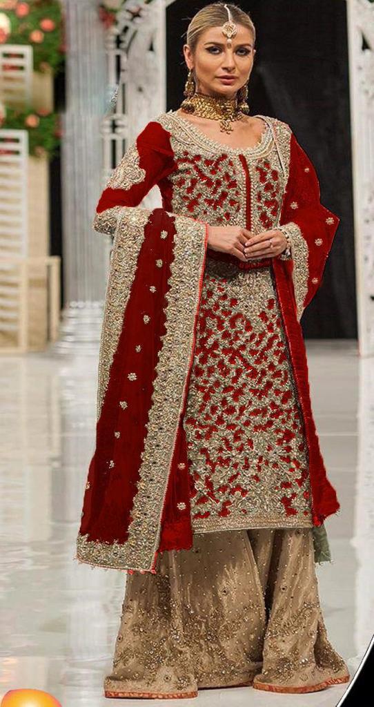 Aisha Imran Net Bridal Suit-Maroon-Net-Gharara-Aarasta