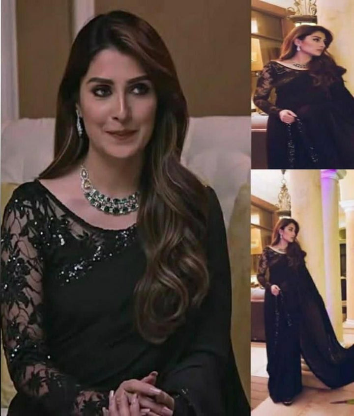 Ayeza Khan Chiffon Saree-Black-Chiffon-Sari-Aarasta