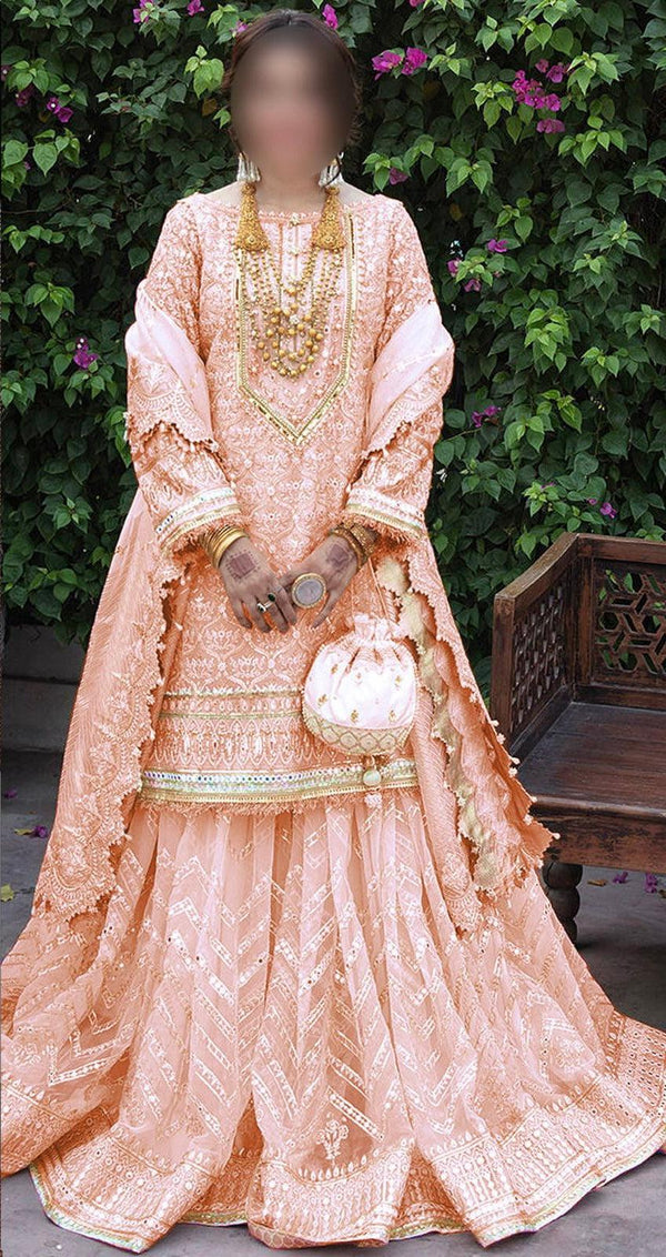 Jal Pari Organza Bridal Suit-Peach-Organza-Lehenga-Aarasta