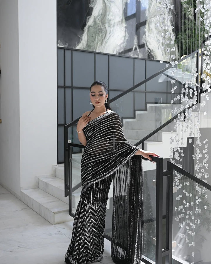 Azure Chiffon Saree-Black-Chiffon-Sari-Aarasta