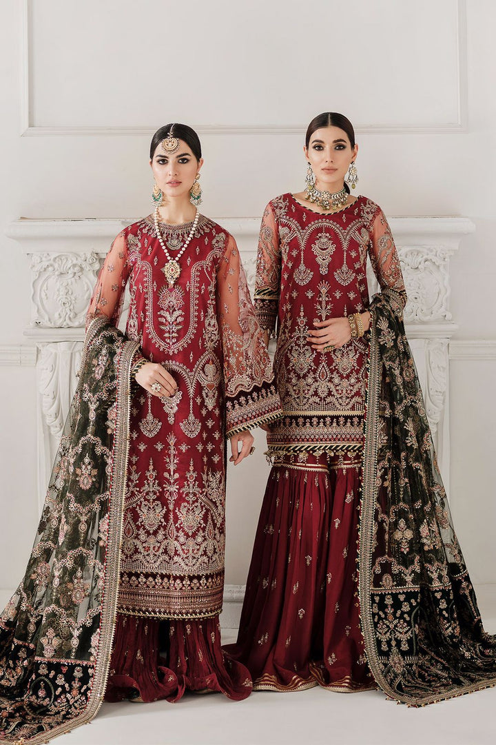 Baroque Net Bridal Suit-Maroon-Net-Lehenga-Aarasta
