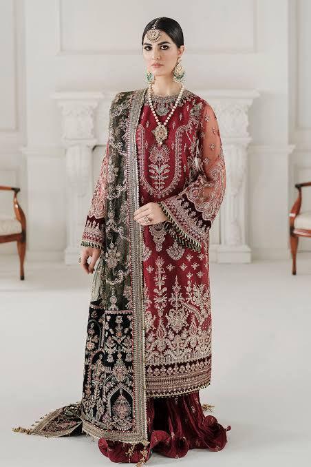 Baroque Net Bridal Suit-Net-Maroon-Gharara-Aarasta