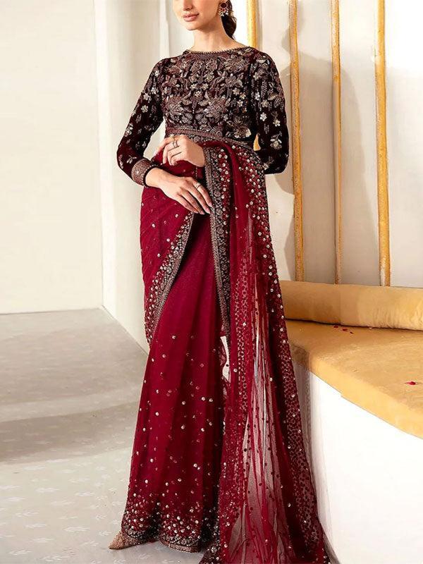 Jazmin Net Saree-Net-Maroon-Saree-Aarasta