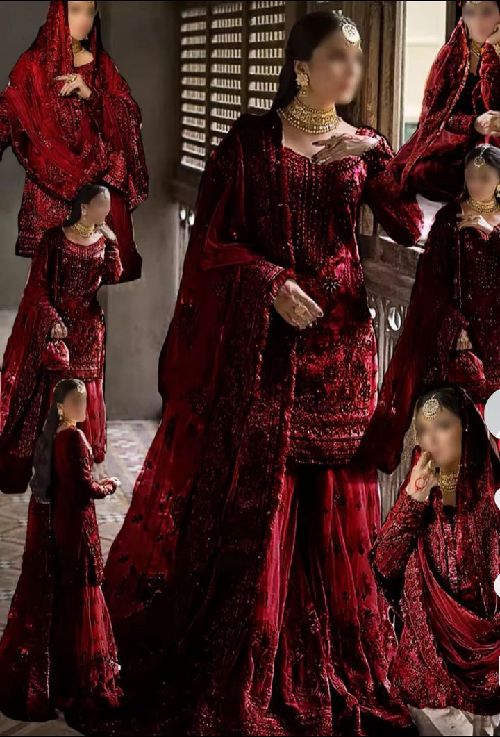 Erum Khan Net Bridal Suit-Maroon-Net-Gharara-Aarasta