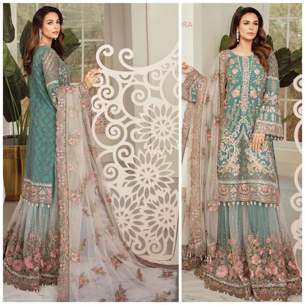 Flossie Chiffon Bridal Suit-Green-Chiffon-Gharara-Aarasta