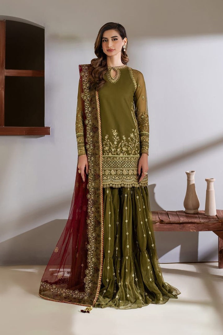 Iznik Chiffon Bridal Suit-Green-Chiffon-Gharara-Aarasta