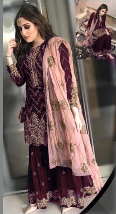 Kashees Chiffon Suit-Maroon-Chiffon-Gharara-Aarasta