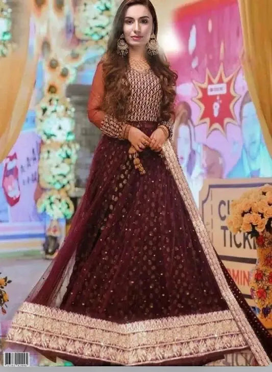 Kashees Net Bridal Suit-Maroon-Net-Maxi-Aarasta