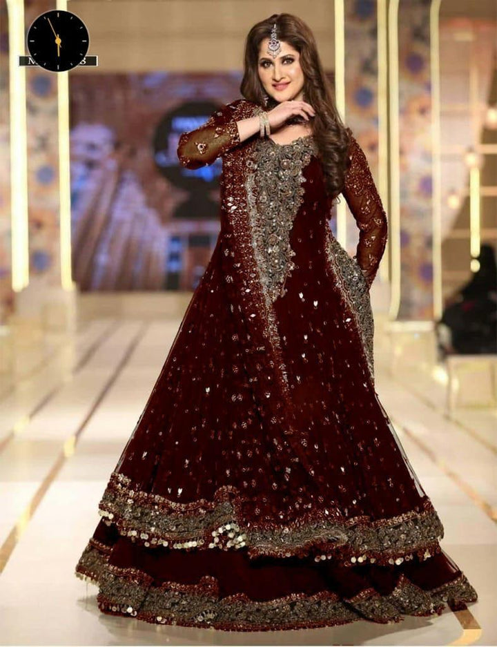 Kashees Net Bridal Suit-Maroon-Net-Maxi-Aarasta