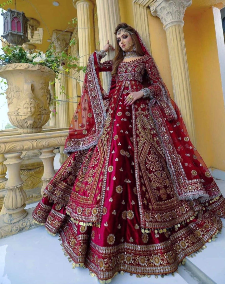Kashees Net Bridal Suit-Maroon-Net-Lehanga-Aarasta
