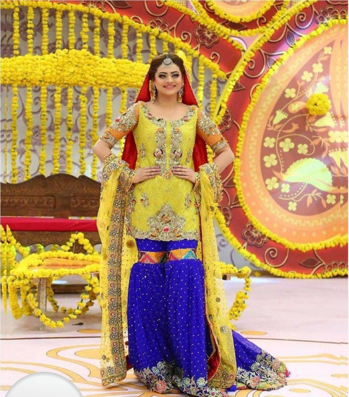 Chiffon Bridal Suit-Yellow-Chiffon-Gharara-Aarasta