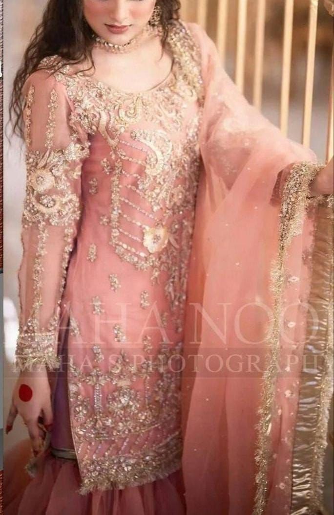 Maha Net Suit-Peach-Net-Gharara-Aarasta