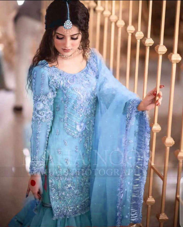 Maha Net Bridal Suit-Sky Blue-Net-Gharara-Aarasta