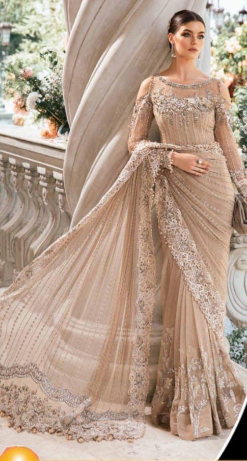 Maria B Net Saree-Beige-Net-Sari-Aarasta