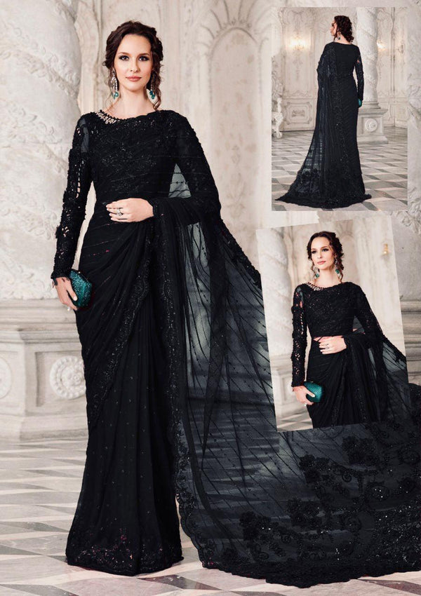 Maria B Chiffon Saree-Black-Chiffon-Sari-Aarasta