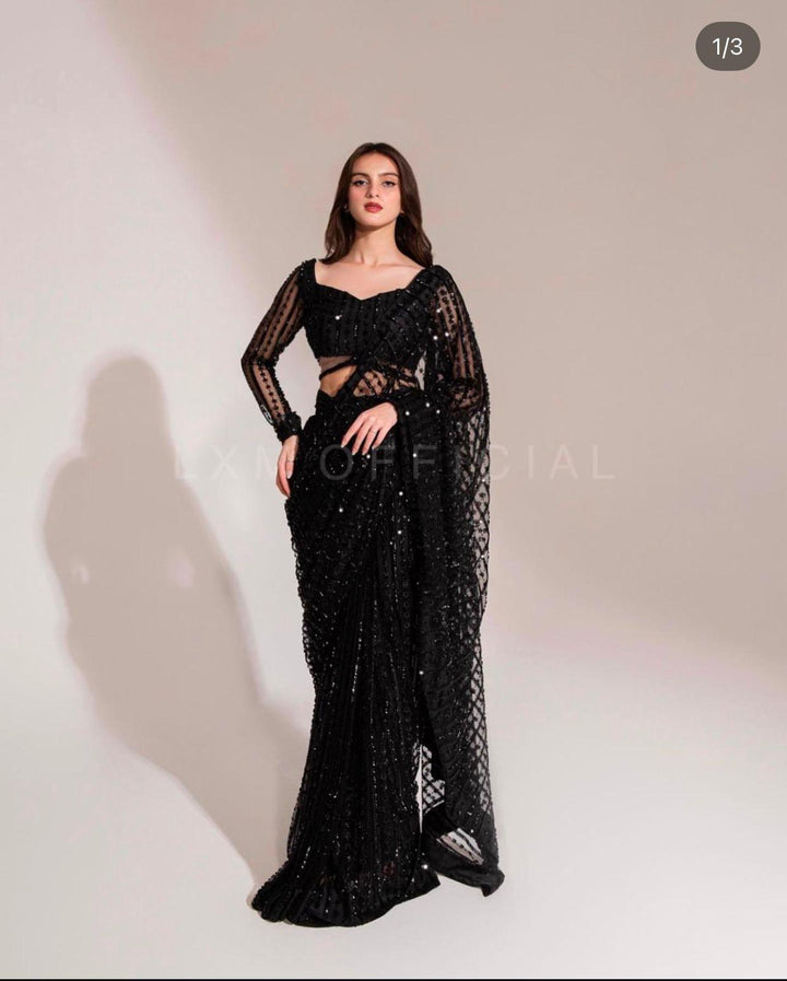 Maria B Net Saree-Black-Net-Sari-Aarasta