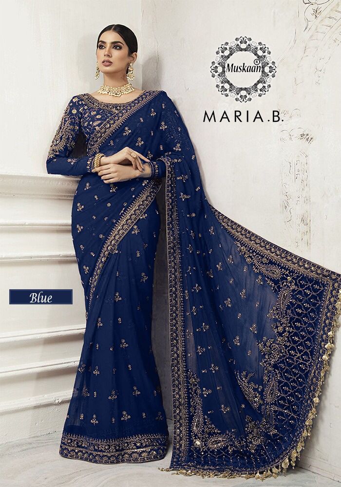 Maria B Net Saree-Blue-Net-Sari-Aarasta