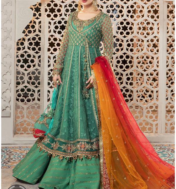 Maria B Chiffon Bridal Suit-Green-Chiffon-Lehenga-Aarasta
