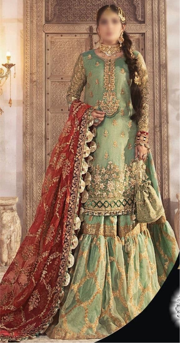 Maria B Net Bridal Suit-Green-Masuri-Gharara-Aarasta