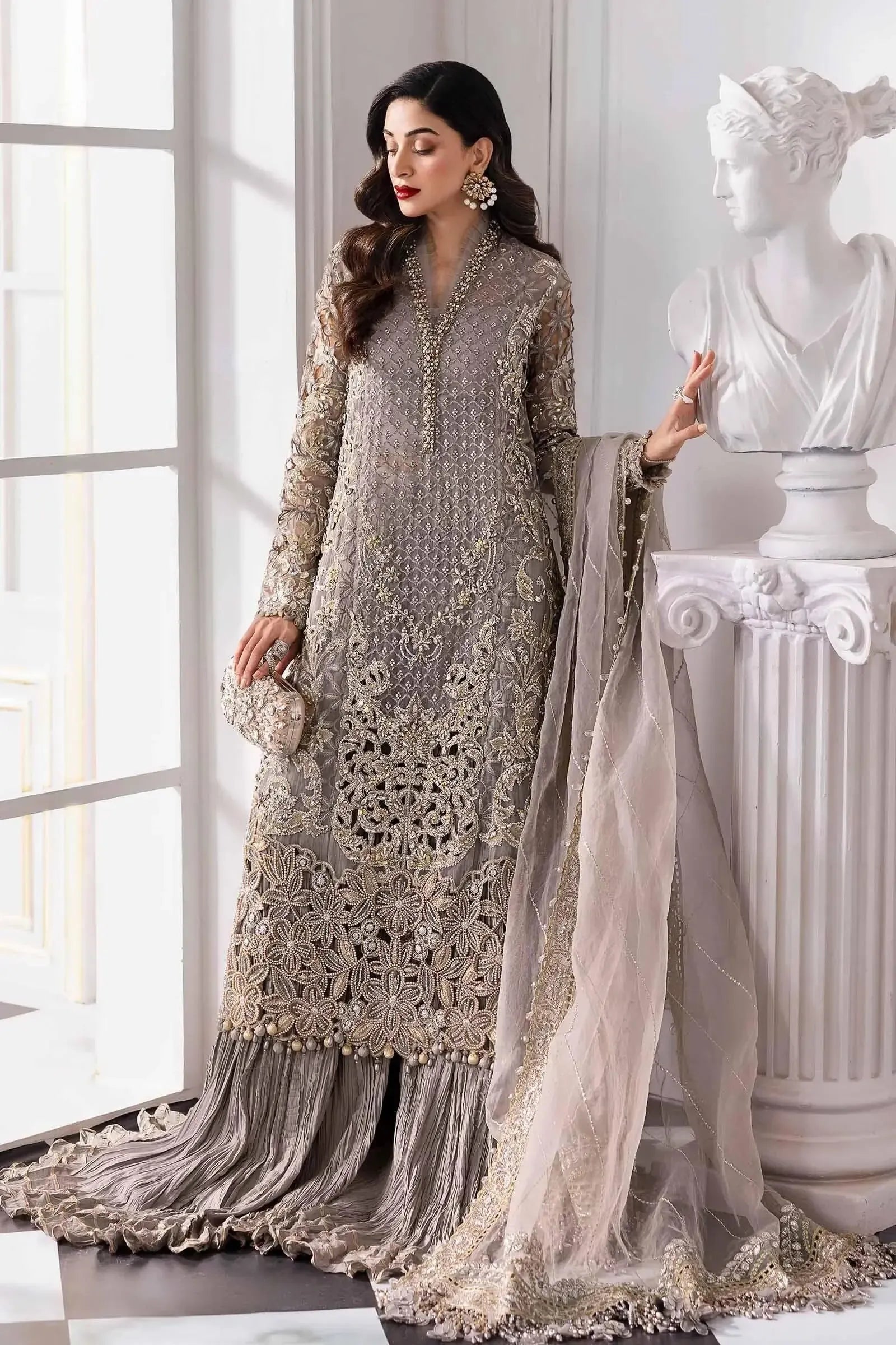 Maria B Chiffon Bridal Suit-Grey-Chiffon-Gharara-Aarasta