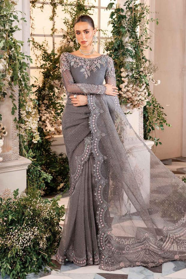 Maria B Net Saree-Grey-Net-Sari-Aarasta