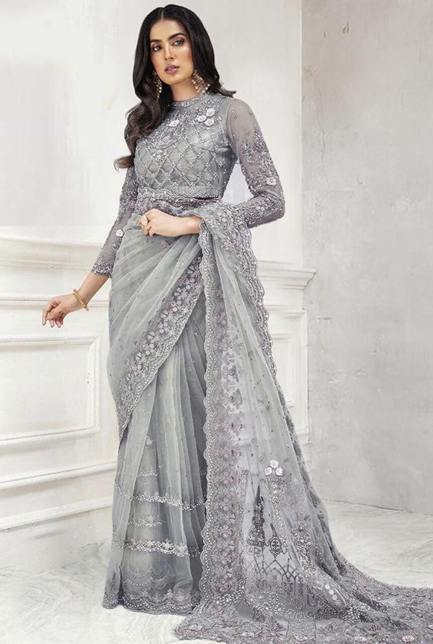 Maria B Net Saree-Grey-Net-Sari-Aarasta