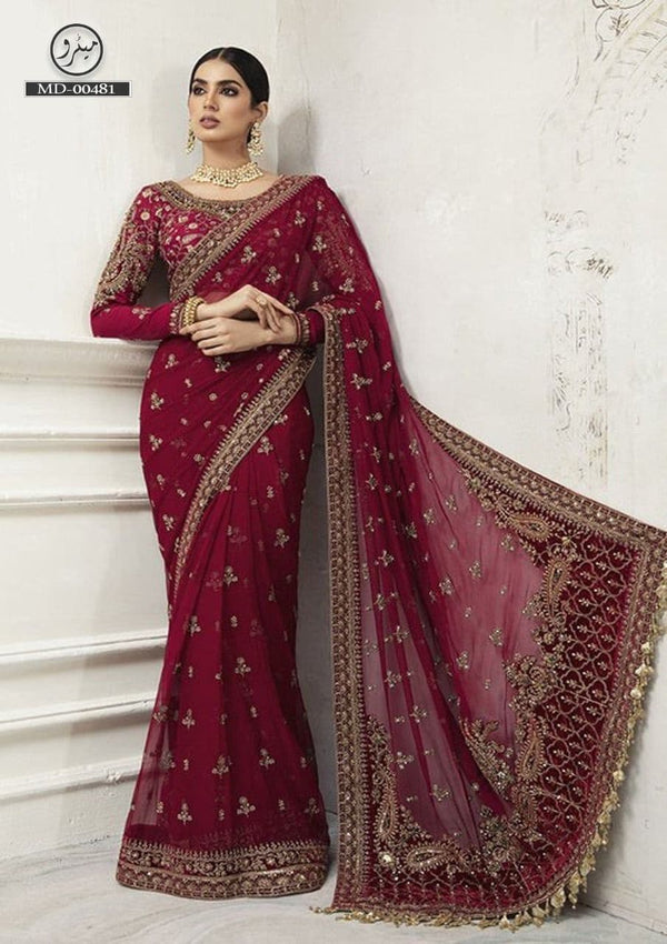 Maria B Net Saree-Maroon-Net-Sari-Aarasta
