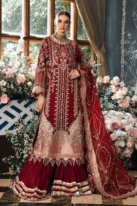Maria B Organza Bridal Suit-Maroon-Organza-Lehenga-Aarasta