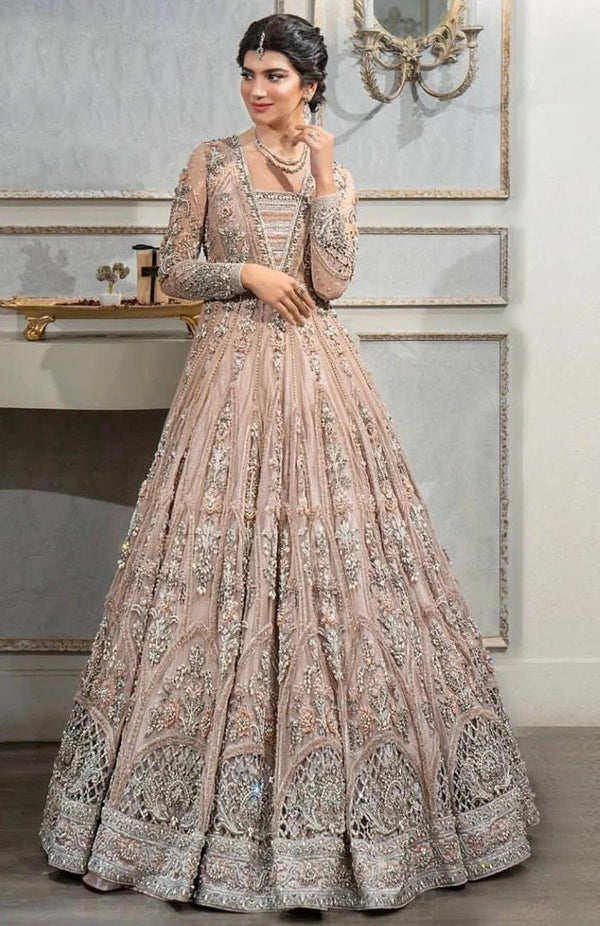 Maria B Net Frock-Net-Peach-Maxi-Aarasta