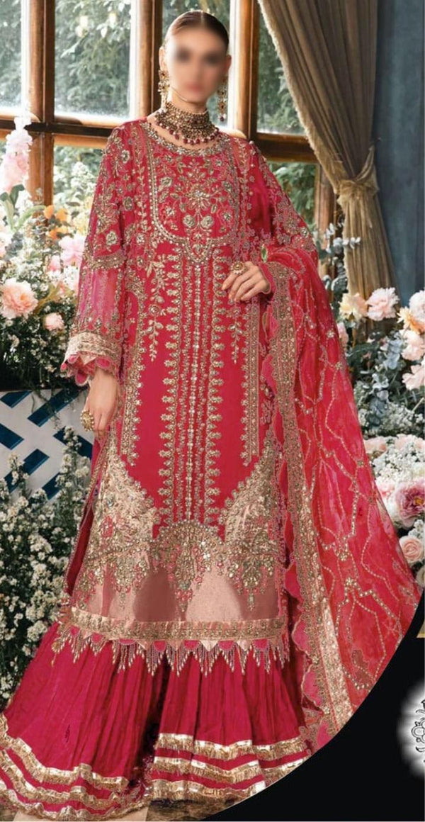 Maria B Organza Bridal Suit-Organza-Red-Gharara-Aarasta