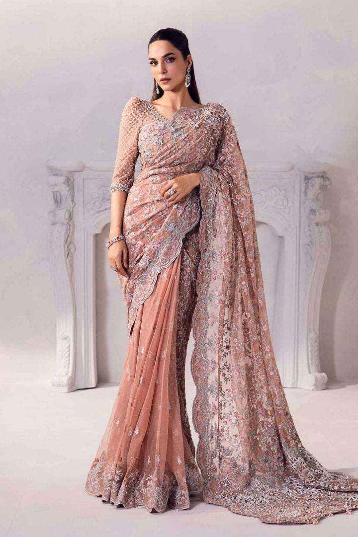 Maria B Net Saree-Peach-Net-Sari-Aarasta