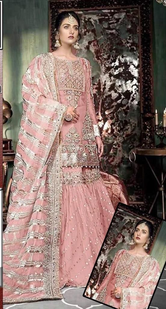 Maria B Net Bridal Suit-Pink-Net-Gharara-Aarasta