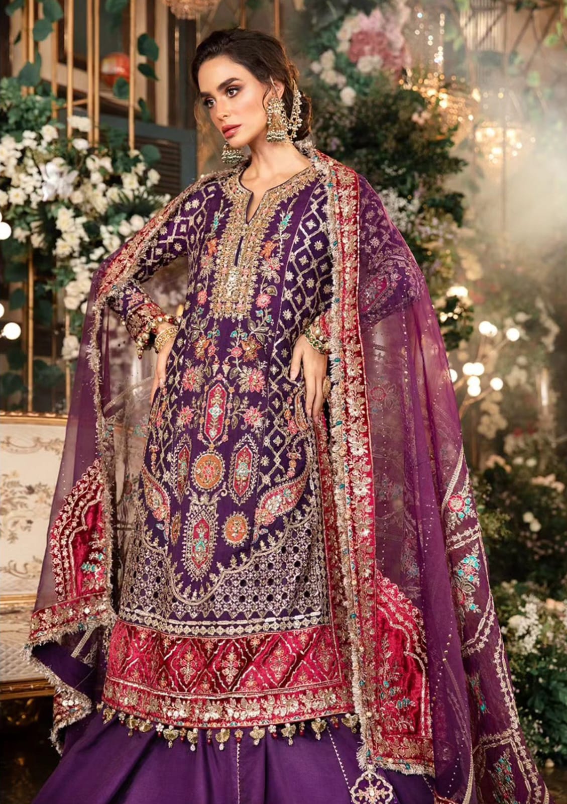 Maria B Chiffon Bridal Suit-Purple-Chiffon-Lehenga-Aarasta