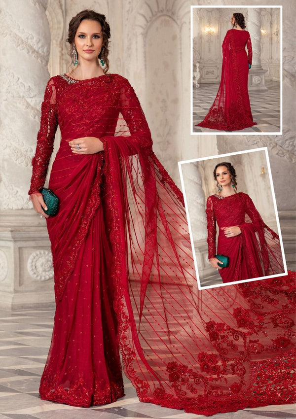 Maria B Chiffon Saree-Red-Chiffon-Sari-Aarasta