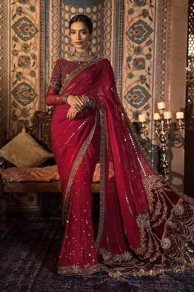 Maria B Chiffon Saree-Red-Chiffon-Sari-Aarasta