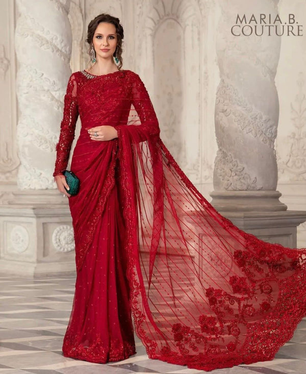 Maria B Net Saree-Red-Net-Sari-Aarasta