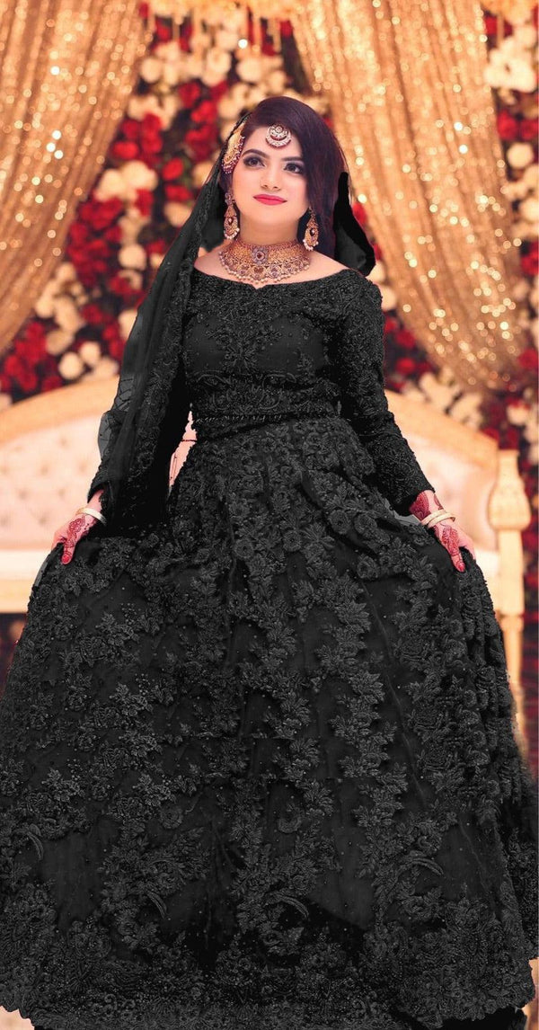 Maryams Net Bridal Suit-Black-Net-Lehenga-Aarasta