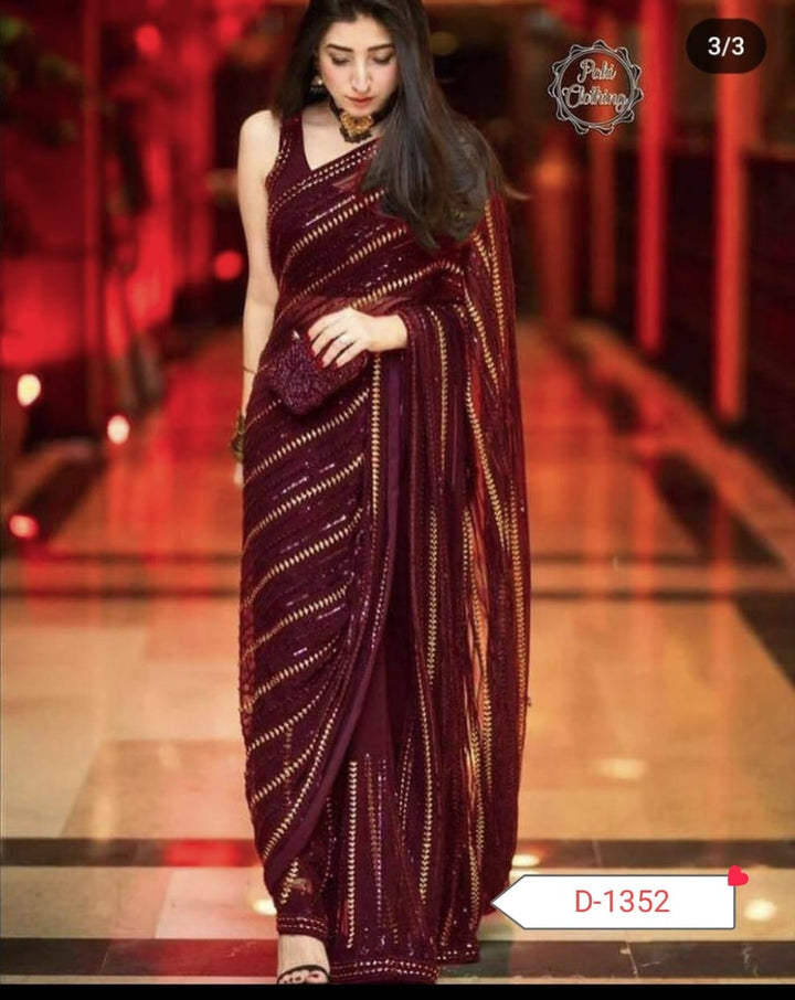 Maryam Nafees Chiffon Saree-Maroon-Chiffon-Sari-Aarasta