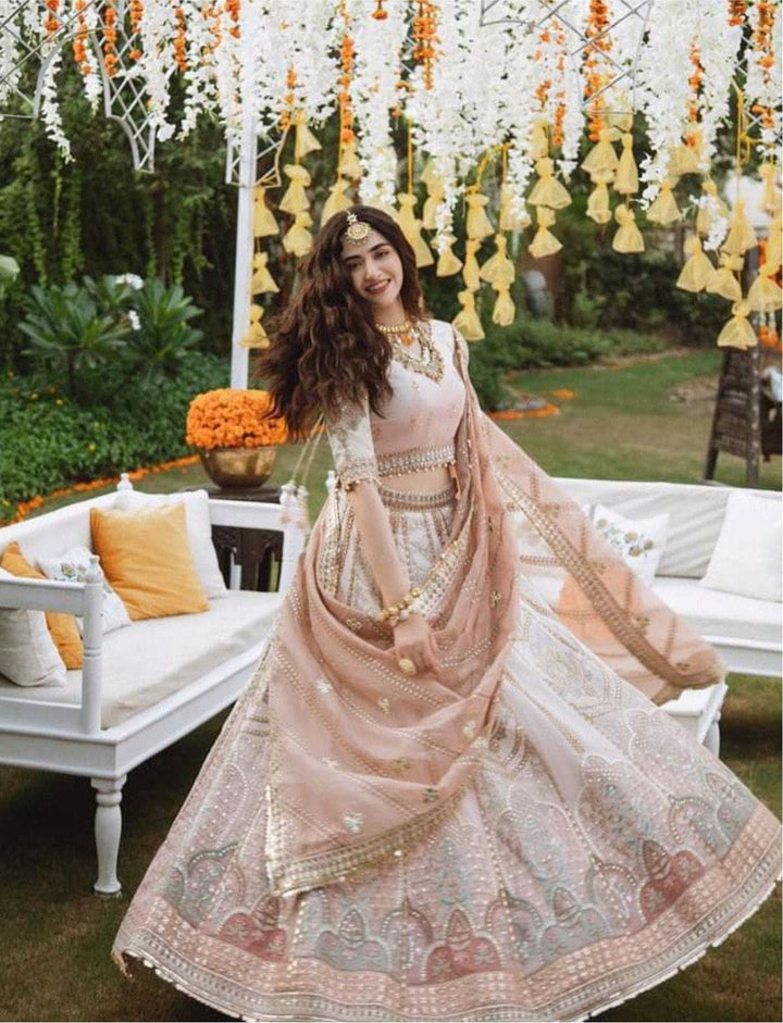 Maryams Organza Bridal Suit-Peach-Organza-Lehenga-Aarasta
