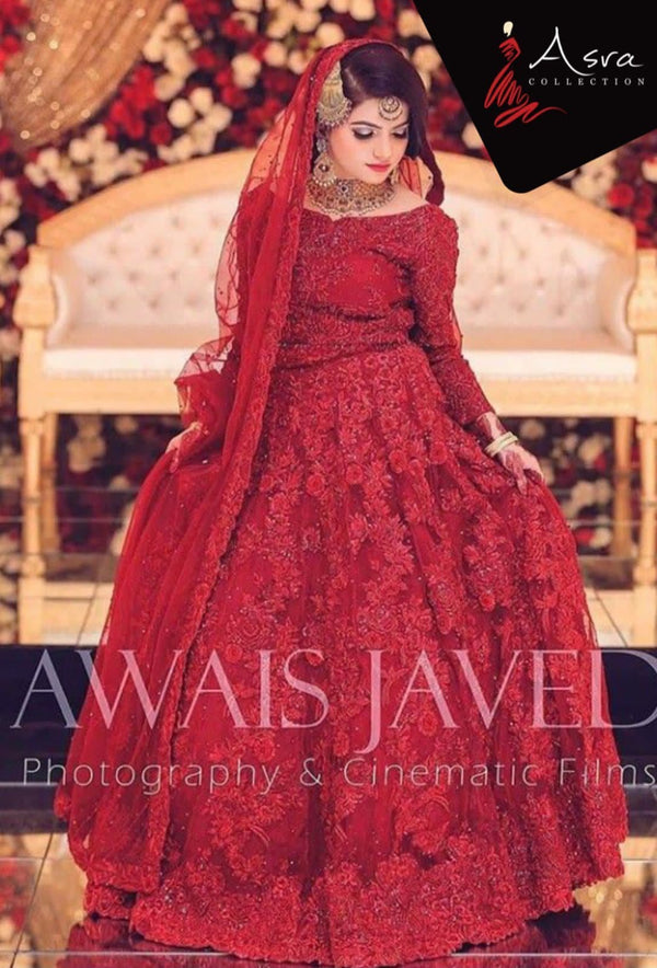 Maryams Net Bridal Suit-Red-Net-Lehenga-Aarasta