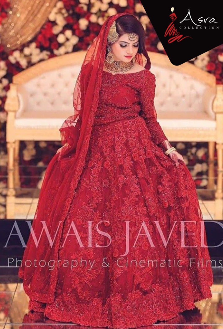 Maryams Net Bridal Suit-Red-Net-Lehenga-Aarasta