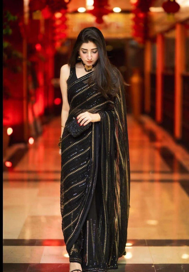 Embroidered Chiffon Saree-Black-Chiffon-Sari-Aarasta