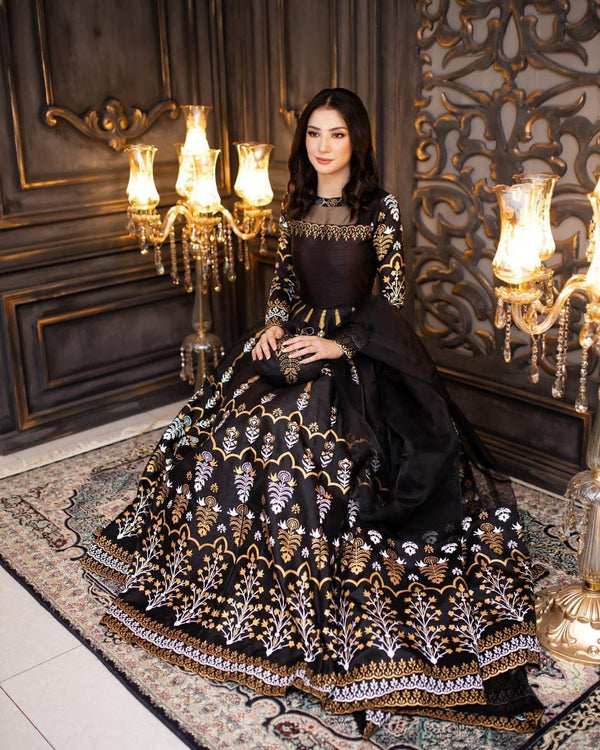 Embroidered Organza Frock-Black-Organza-Maxi-Aarasta