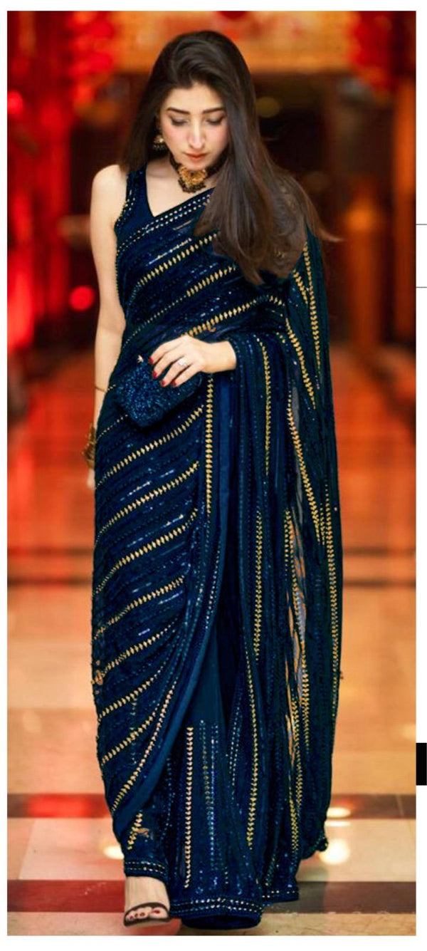 Embroidered Chiffon Saree-Chiffon-Navy-Sari-Aarasta