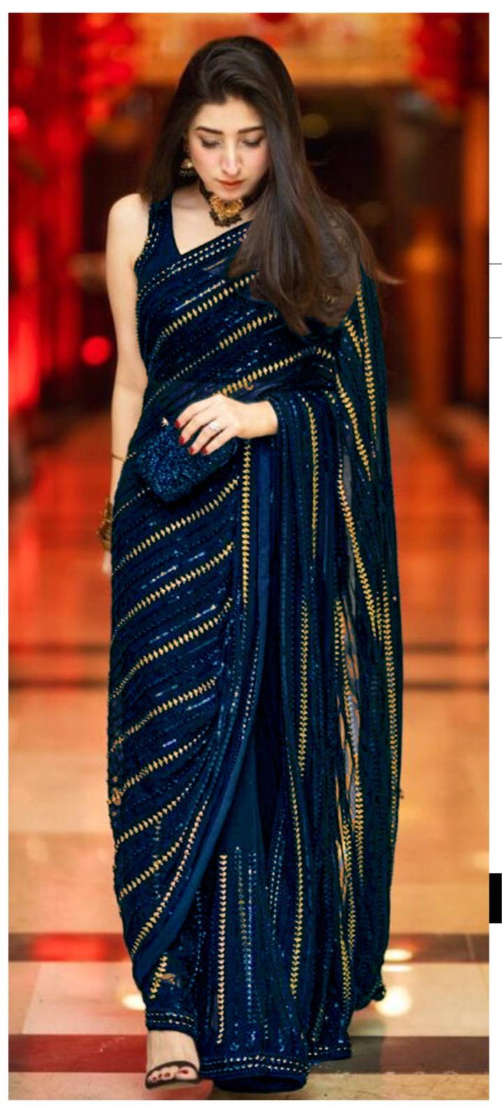 Embroidered Chiffon Saree-Chiffon-Navy-Sari-Aarasta